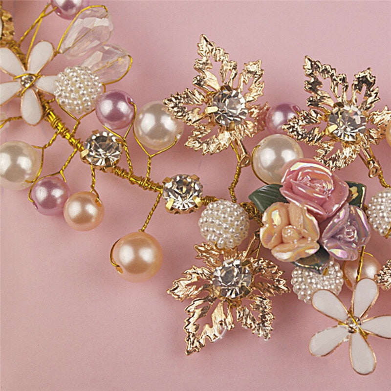 Handmade Pink Gold Pearl Crystal Crown Tiara