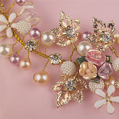 Handmade Pink Gold Pearl Crystal Crown Tiara