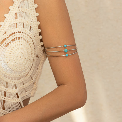 Multi-layer hollow imitation pearl turquoise open arm necklace